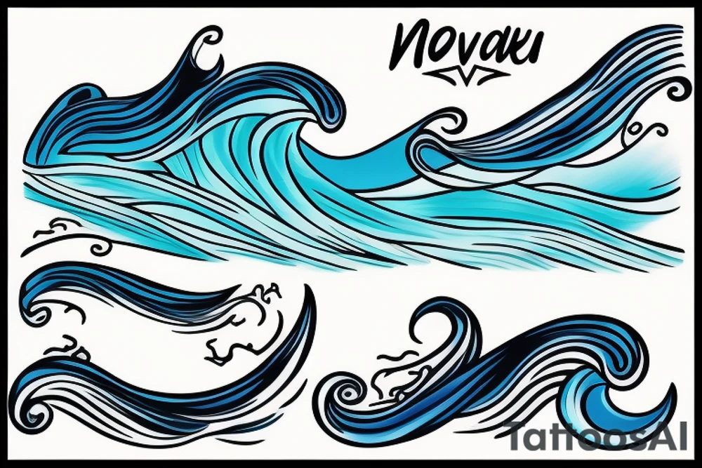 The name Maverick with ocean waves that have been outlined in a Maui theme tattoo idea