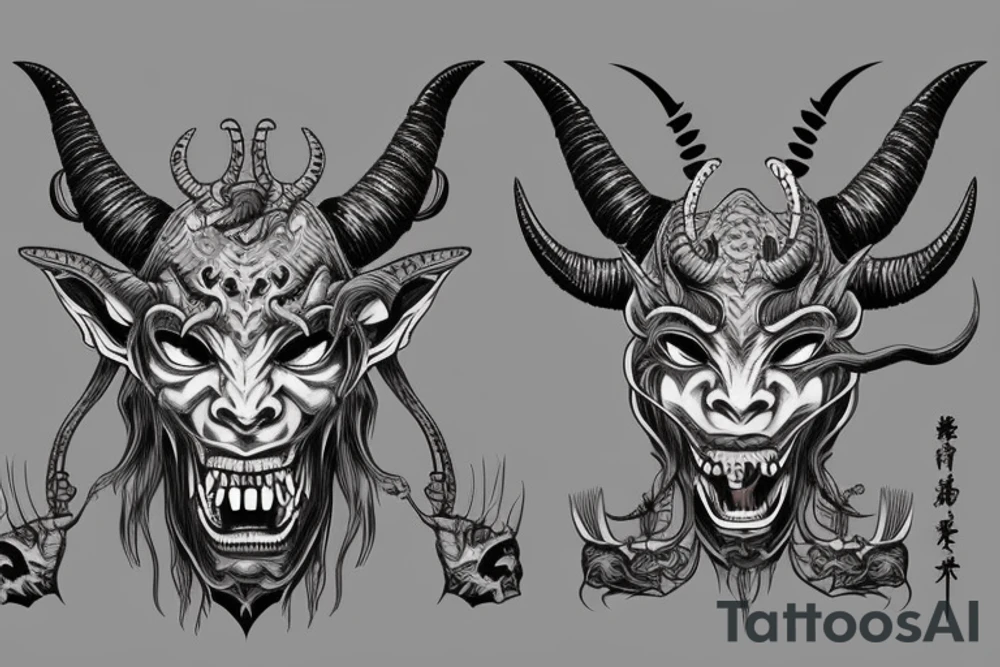Mask cybernetic demon oni with open mouth and long horns like a goat tattoo idea
