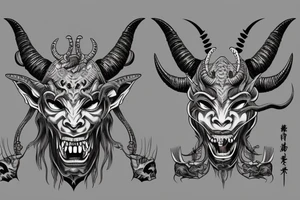 Mask cybernetic demon oni with open mouth and long horns like a goat tattoo idea