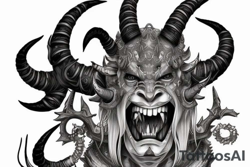Mask cybernetic demon oni with open mouth and long horns like a goat tattoo idea