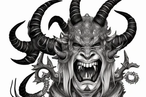 Mask cybernetic demon oni with open mouth and long horns like a goat tattoo idea
