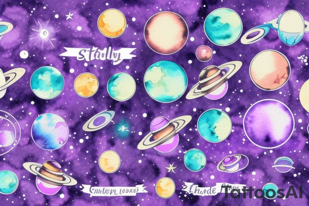 Violet galaxy system with planets for forearm tattoo idea