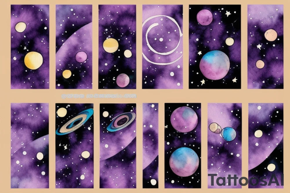 Violet galaxy system with planets for forearm tattoo idea