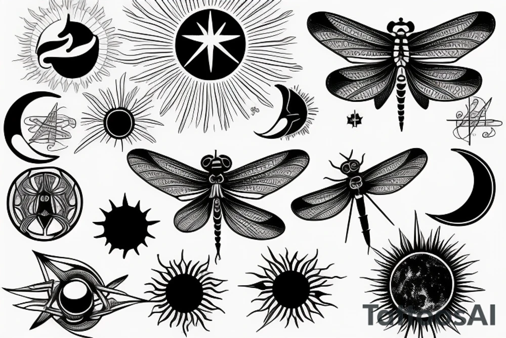 dragonfly, occult, geometric drawing, Insect, moon, sun and stars, old symbold tattoo idea