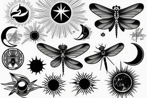 dragonfly, occult, geometric drawing, Insect, moon, sun and stars, old symbold tattoo idea