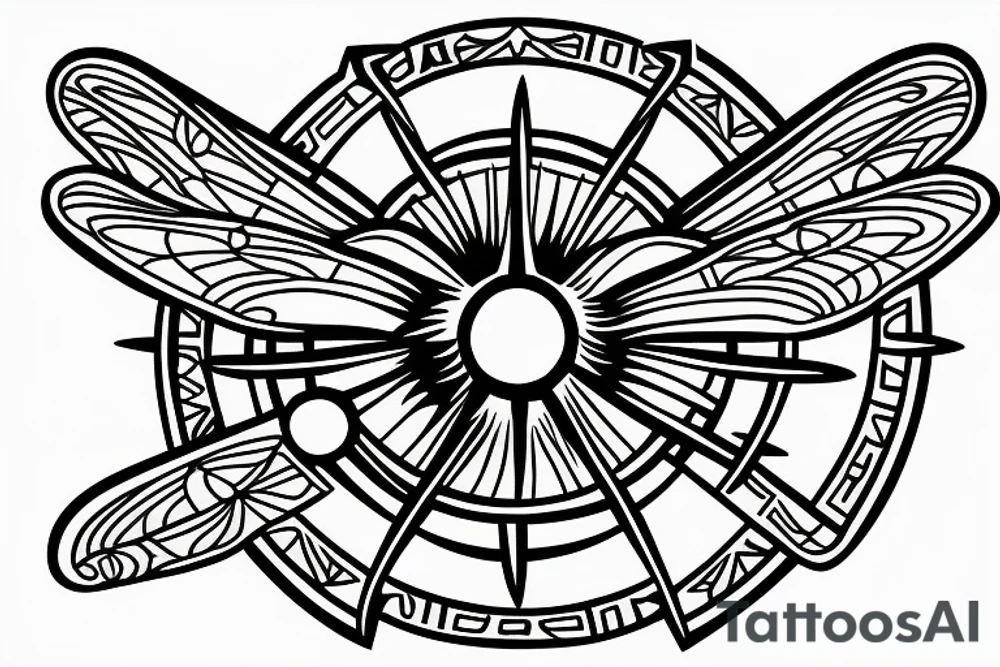 dragonfly, occult, geometric drawing, Insect, moon, sun and stars, old symbold tattoo idea