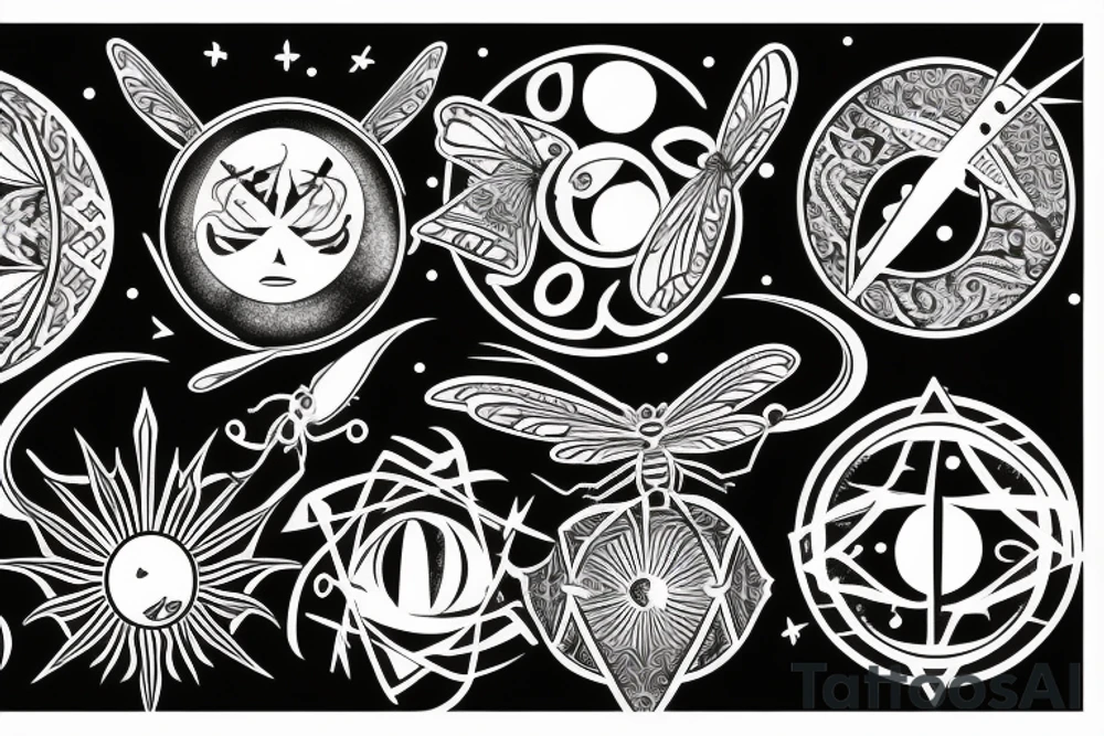 dragonfly, occult, geometric drawing, Insect, moon, sun and stars, old symbold tattoo idea