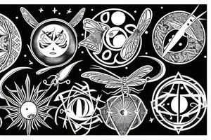 dragonfly, occult, geometric drawing, Insect, moon, sun and stars, old symbold tattoo idea