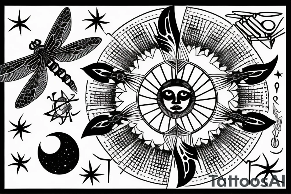 dragonfly, occult, geometric drawing, Insect, moon, sun and stars, old symbold tattoo idea