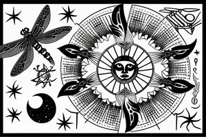dragonfly, occult, geometric drawing, Insect, moon, sun and stars, old symbold tattoo idea