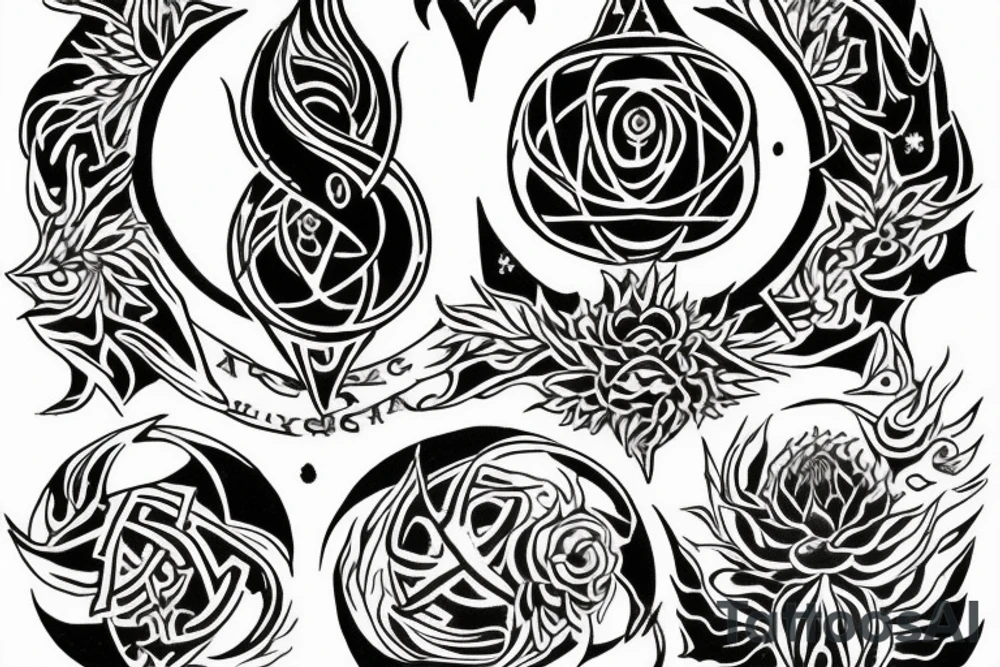 The alchemical symbol representing mercury with its properties that shift between life and death, a swarm of black dahlias representing betrayal and sadness, a victory banner of the ashtamangala representing victory of the four sins tattoo idea