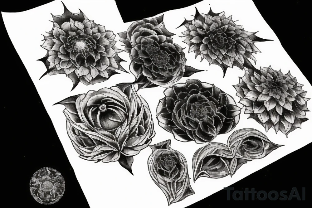 The alchemical symbol representing mercury with its properties that shift between life and death, a swarm of black dahlias representing betrayal and sadness, a victory banner of the ashtamangala representing victory of the four sins tattoo idea