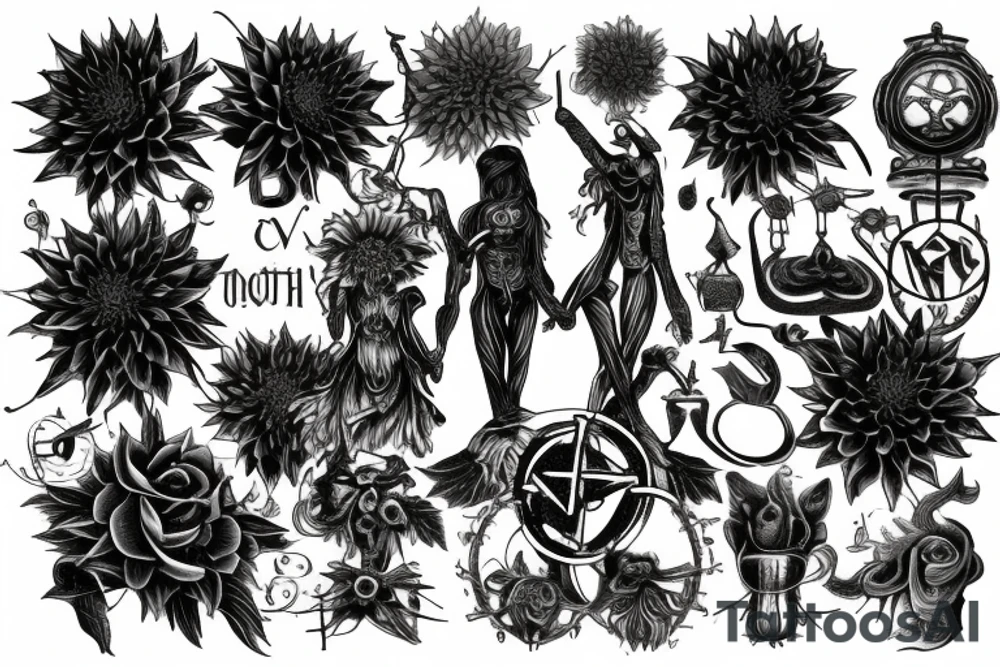 The alchemical symbol representing mercury with its properties that shift between life and death, a swarm of black dahlias representing betrayal and sadness, a victory banner of the ashtamangala representing victory of the four sins tattoo idea