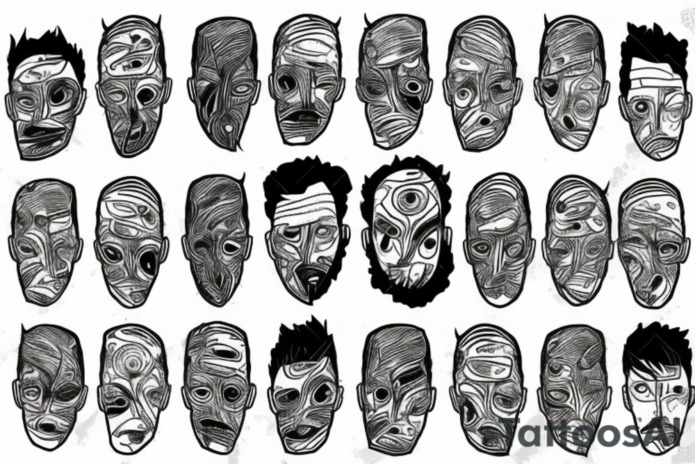 Face of a man with multiple identities, lost in space and time, broken, torn, fragmented alone and scared tattoo idea