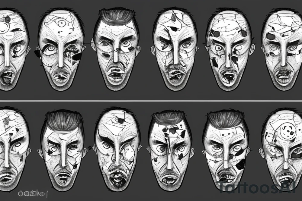 Face of a man with multiple identities, lost in space and time, broken, torn, fragmented alone and scared tattoo idea