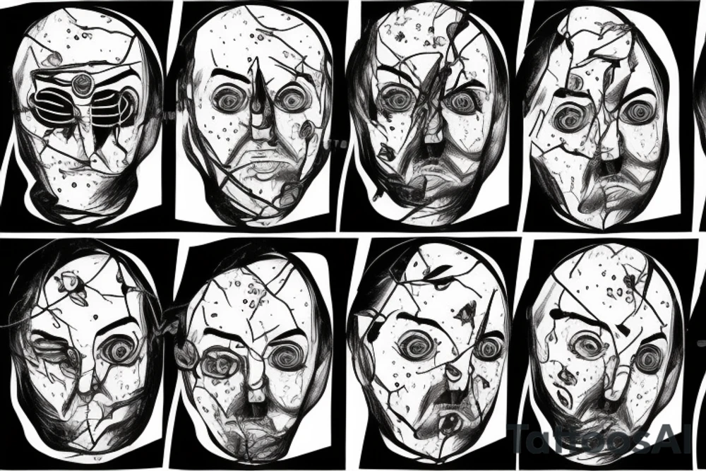 Face of a man with multiple identities, lost in space and time, broken, torn, fragmented alone and scared tattoo idea