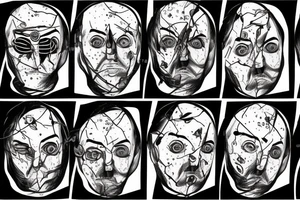 Face of a man with multiple identities, lost in space and time, broken, torn, fragmented alone and scared tattoo idea