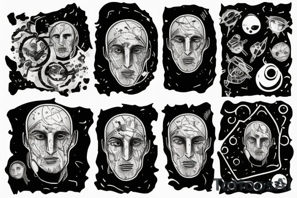 Face of a man with multiple identities, lost in space and time, broken, torn, fragmented alone and scared tattoo idea