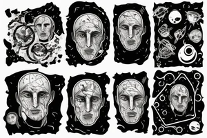 Face of a man with multiple identities, lost in space and time, broken, torn, fragmented alone and scared tattoo idea