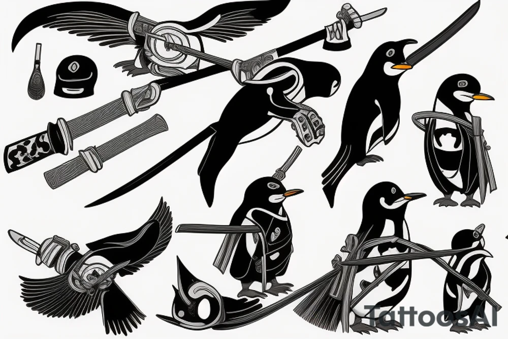 Penguin wielding katana with bandana tattoo idea