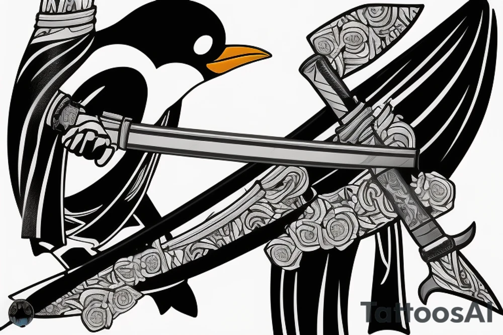 Penguin wielding katana with bandana tattoo idea