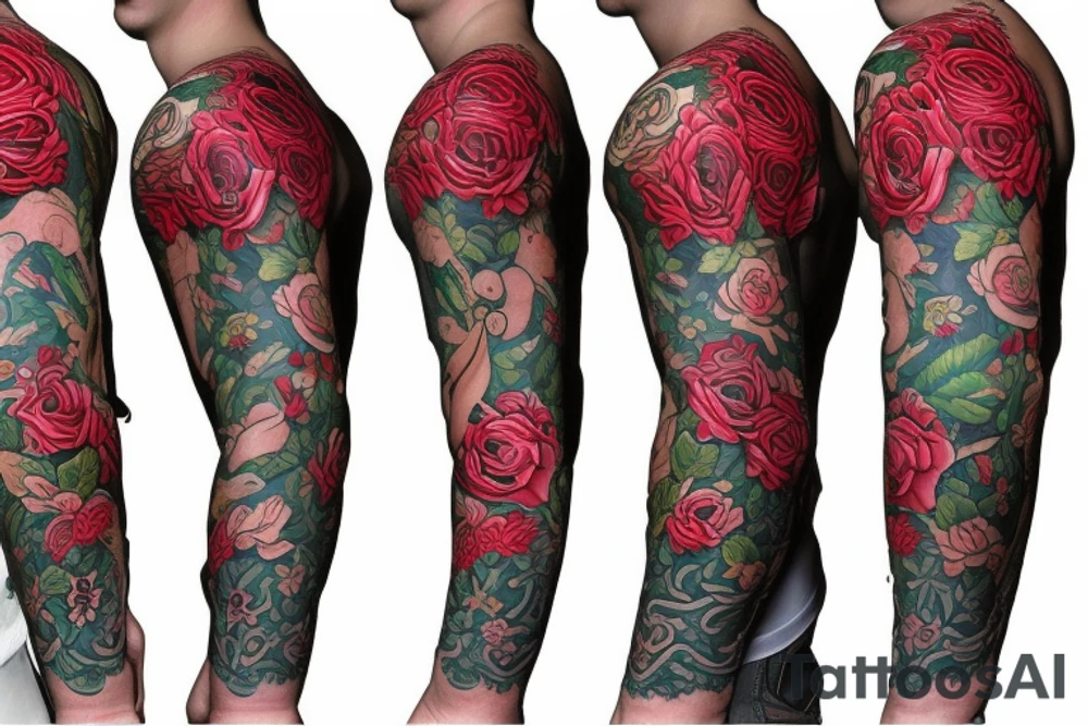 Russian cartoon characters in traditional rose tattoo sleeve tattoo idea