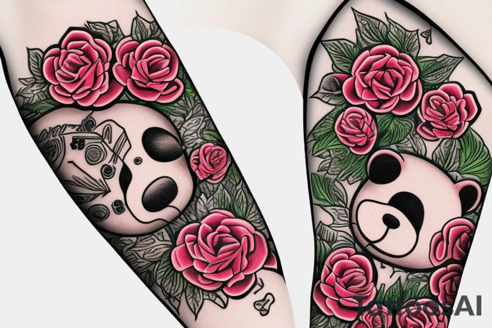 traditional rose tattoo sleeve with cheburashka tattoo idea