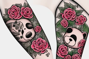 traditional rose tattoo sleeve with cheburashka tattoo idea
