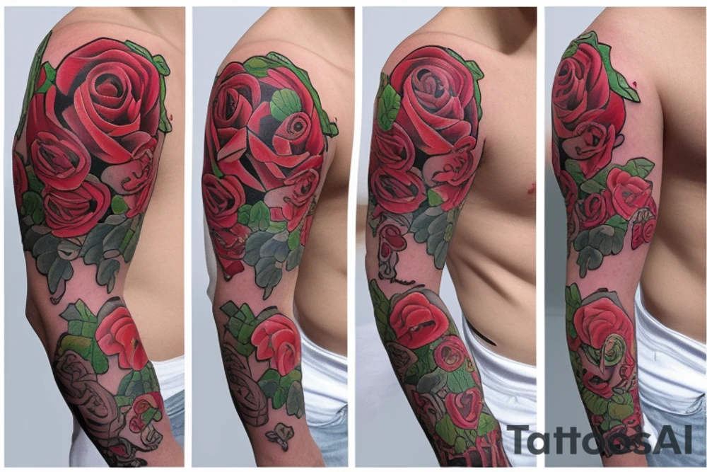 traditional rose tattoo sleeve with cartoon characters tattoo idea