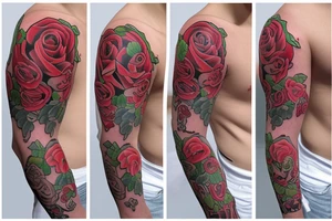 traditional rose tattoo sleeve with cartoon characters tattoo idea