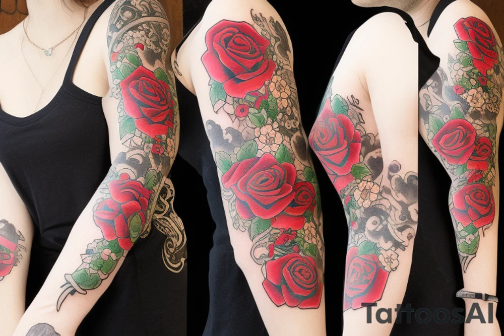 traditional rose tattoo sleeve with cartoon characters tattoo idea