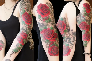 traditional rose tattoo sleeve with cartoon characters tattoo idea