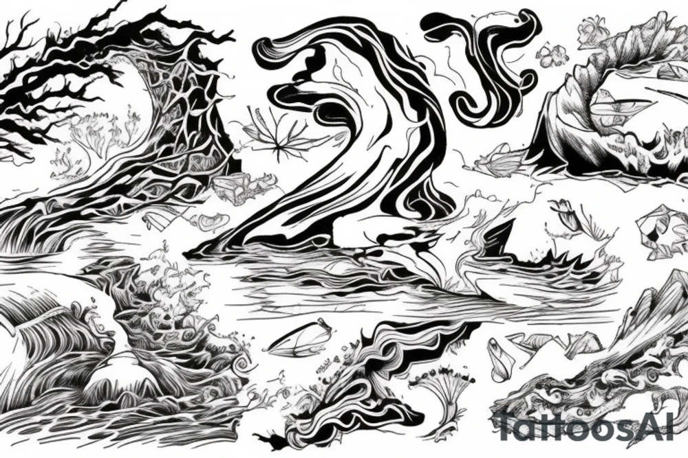 Natures beautiful water fall with one side of the river being heaven and the other side of the river being hell tattoo idea