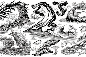 Natures beautiful water fall with one side of the river being heaven and the other side of the river being hell tattoo idea