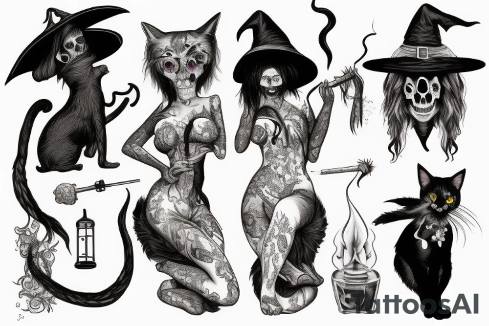 beautiful woman in witch clothes blowing smoke into a cat skull tattoo idea
