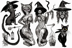 beautiful woman in witch clothes blowing smoke into a cat skull tattoo idea