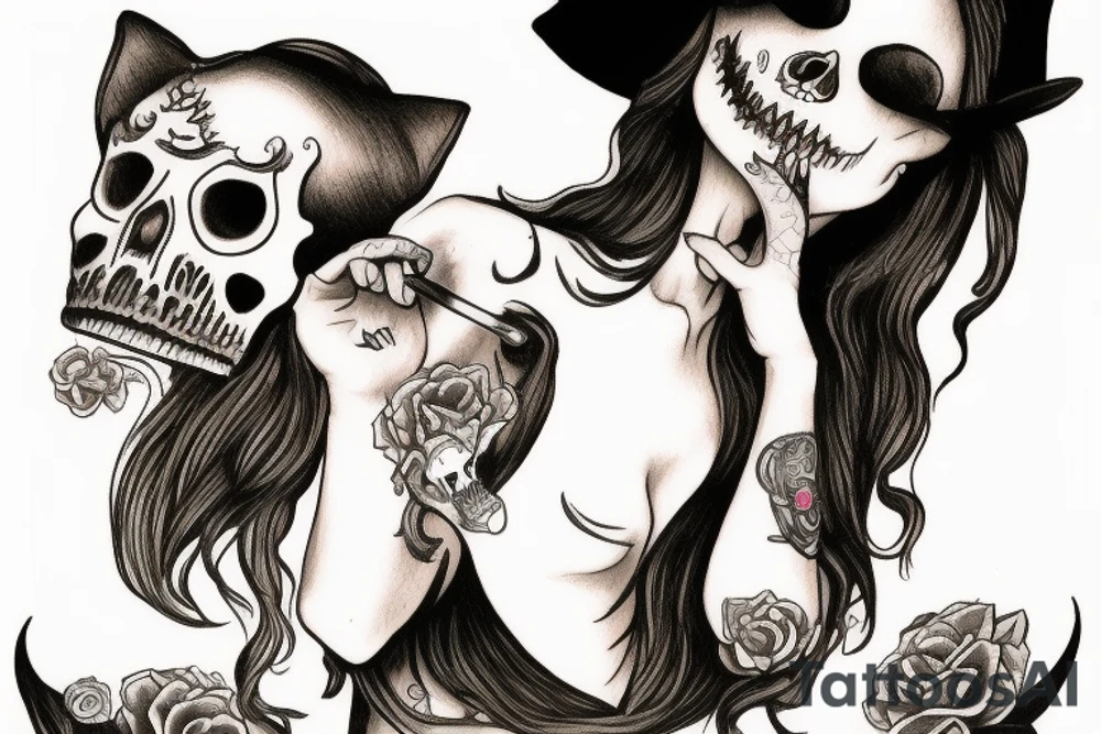 beautiful woman in witch clothes blowing smoke into a cat skull tattoo idea