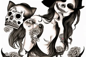 beautiful woman in witch clothes blowing smoke into a cat skull tattoo idea