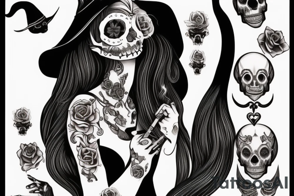 beautiful woman in witch clothes blowing smoke into a cat skull tattoo idea