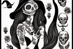 beautiful woman in witch clothes blowing smoke into a cat skull tattoo idea