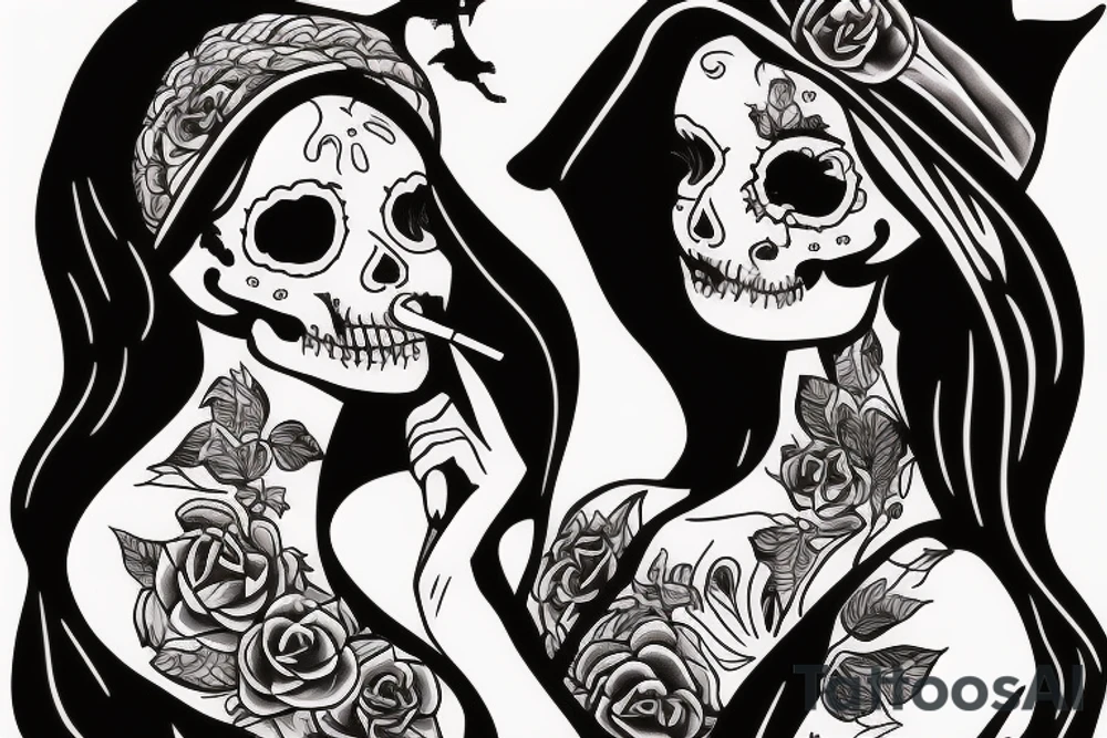 beautiful woman in witch clothes blowing smoke into a cat skull tattoo idea