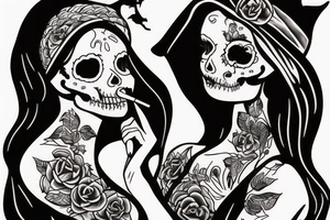 beautiful woman in witch clothes blowing smoke into a cat skull tattoo idea