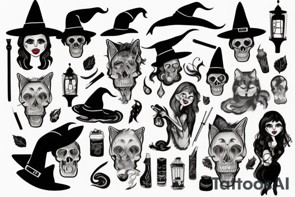 beautiful woman in witch clothes blowing smoke into a cat skull tattoo idea