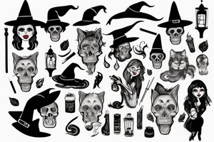 beautiful woman in witch clothes blowing smoke into a cat skull tattoo idea