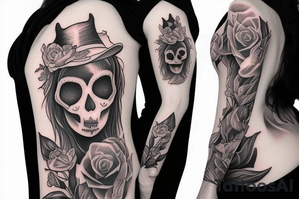 beautiful woman in witch clothes blowing smoke into a cat skull tattoo idea