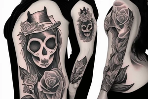 beautiful woman in witch clothes blowing smoke into a cat skull tattoo idea