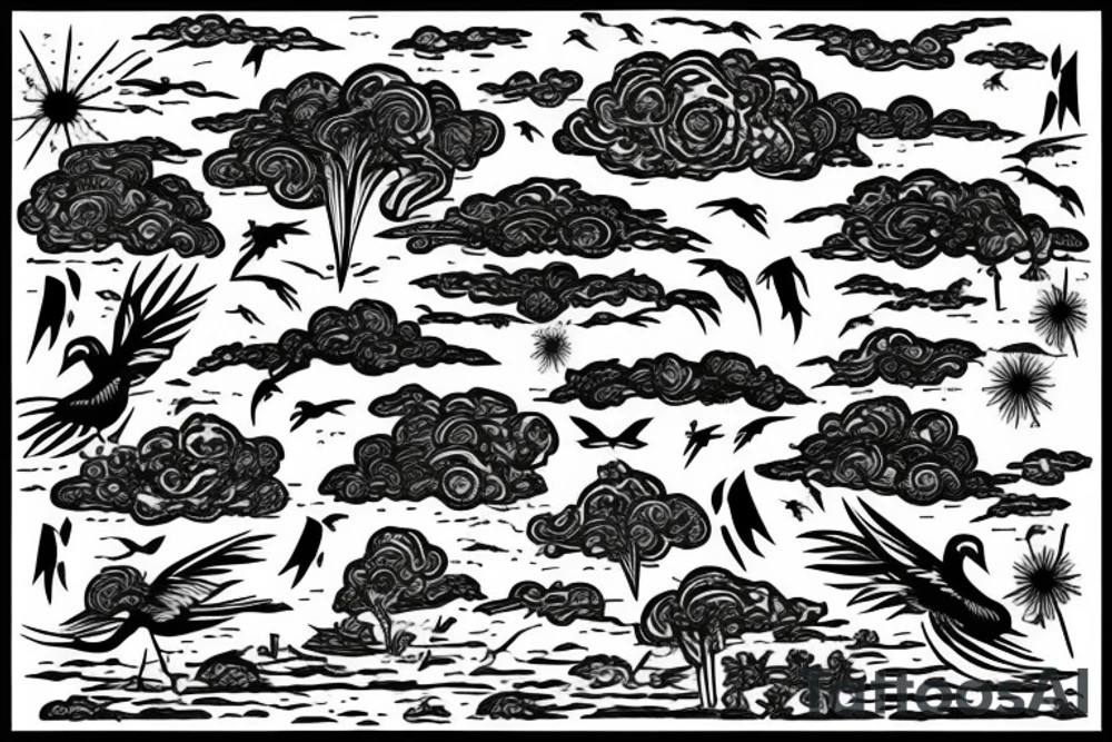wetland with thunder lightning and birds in the sky tattoo idea