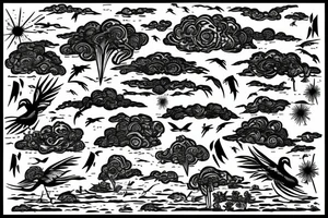 wetland with thunder lightning and birds in the sky tattoo idea