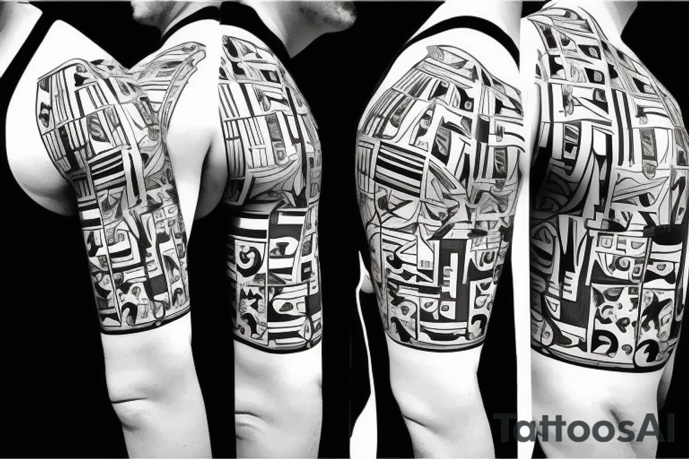 shooting ak-47 in cubism style tattoo idea
