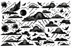 wetland with thunder lightning and birds in the sky tattoo idea
